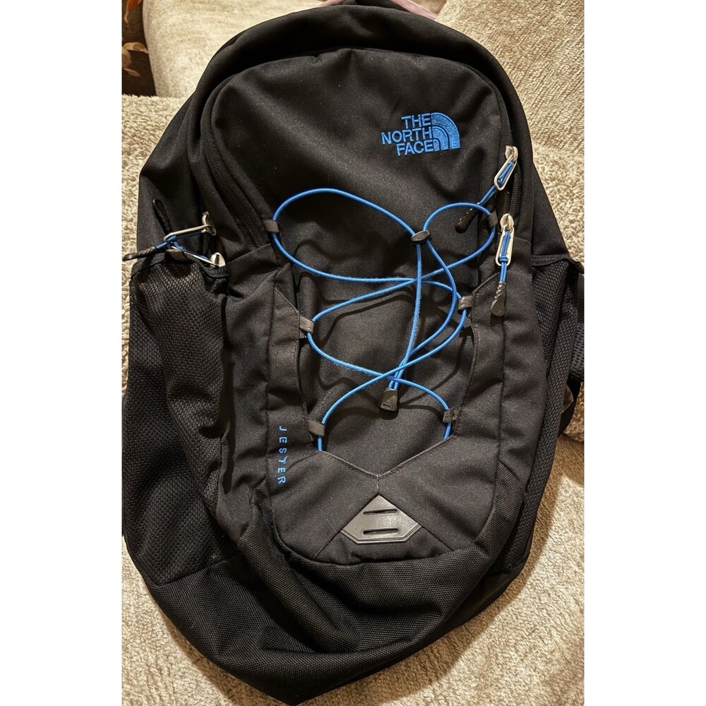 The North Face Jester Backpack Black Bomber Blue Laptop Bookbag Hiking Excellent